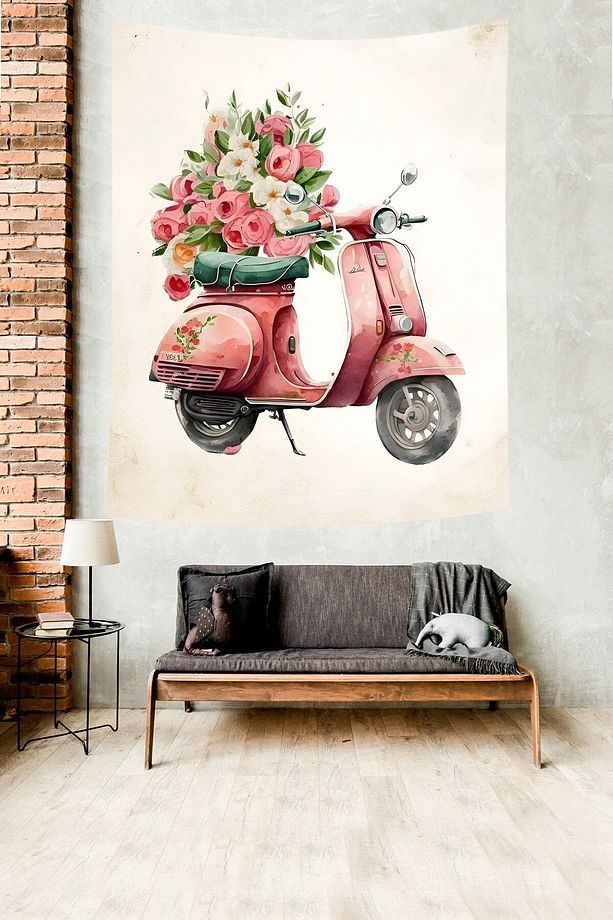 Pembe Vespa ve Güller Leke Tutmaz Kumaş Duvar Örtüsü Duvar Halısı Tapestry - 3