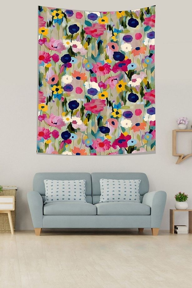 Suluboya Çiçekler Desenli Leke Tutmaz Kumaş Duvar Örtüsü Duvar Halısı Tapestry - 2