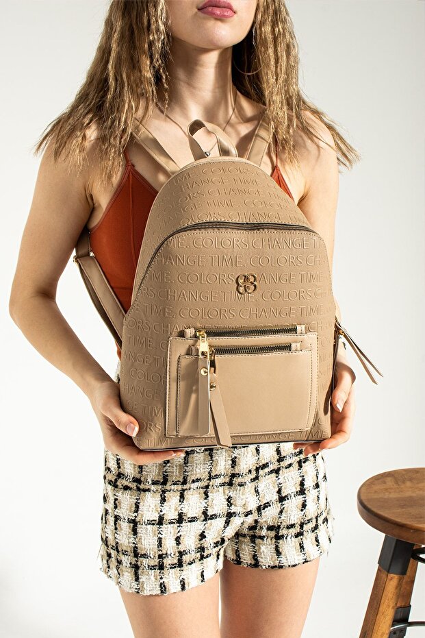 Mink Patterned Backpack with Pocket Detail - 2