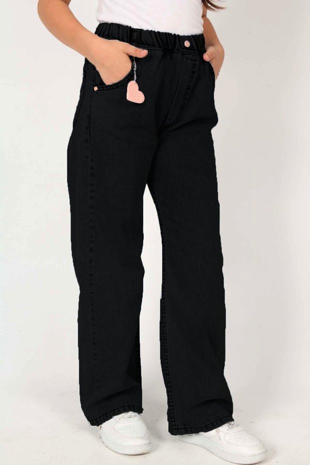 Girl's Black Waist Elastic Wide Leg Jeans