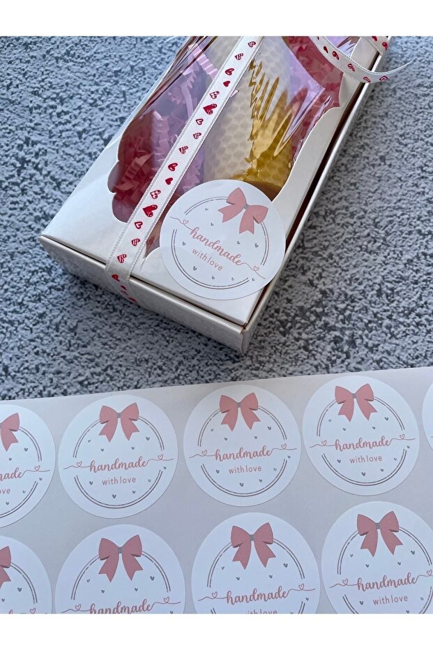 Handmade With Love - Pink Bow Model 5 Cm. Opaque Sticker - 50 Pieces
