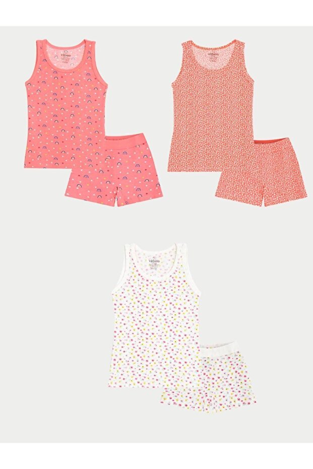 Girl's Cotton 3-Piece Undershirt 3-Piece Shorts Boxer Mixed Color Flower 6-Piece Set