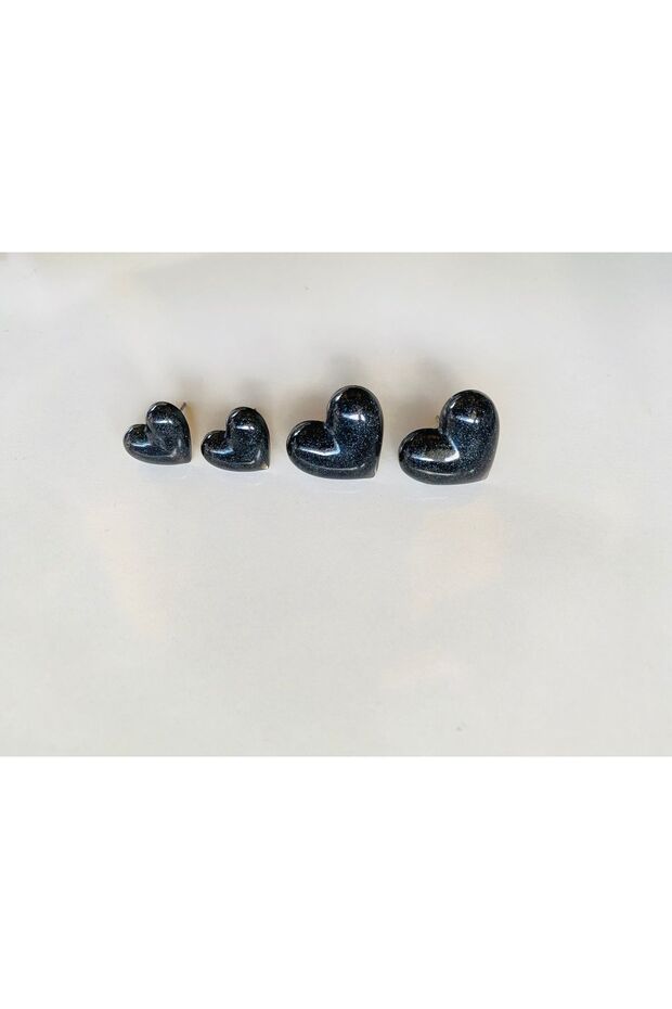 EARRINGS - BLACK, DOMED HEART-SHAPED EARRINGS, SET OF 2 PAIRS.