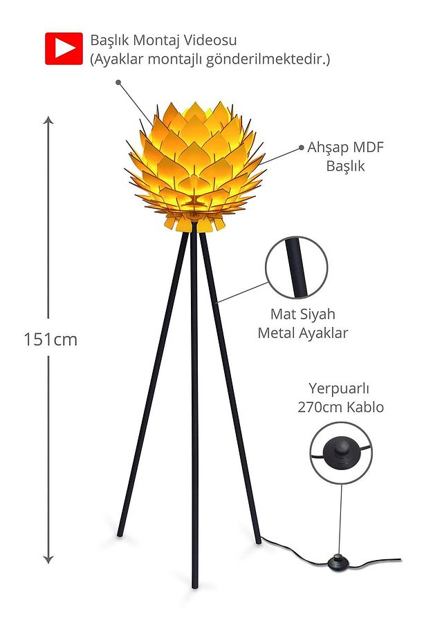 Lotus Metal Ayaklı Yerpuar Anahtarlı Ahşap Modern Tripod Üç Ayaklı Lambader Aydınlatma - 2
