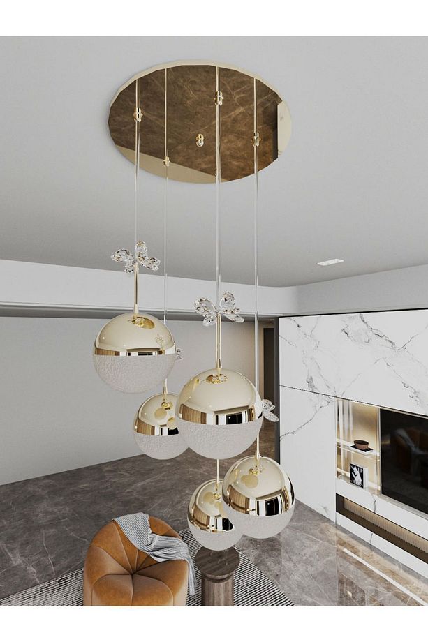 Enerji Tasarruflu-yaprak Desenli-modern Ve Lüks Gold- 3 Işıklı-5li Tepsi Led Avize - 3