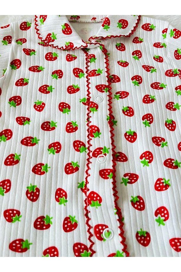 2’li Fitilli Kumaş Çilek Desenli Kız Bebek Çocuk Alt Üst Pijama Takımı - 2