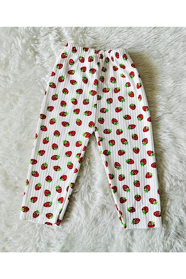 2’li Fitilli Kumaş Çilek Desenli Kız Bebek Çocuk Alt Üst Pijama Takımı - 4
