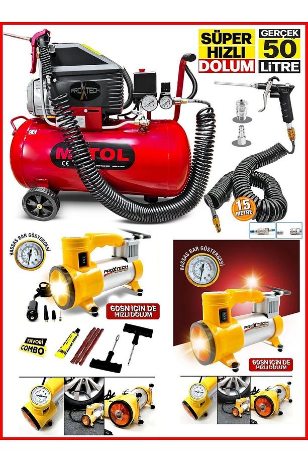 50 Litre Yağlı Sesli Hızlı Hava Kompresörü 2Hp 8 Bar ve Çakmaklığı Takılan Mini Araç Kompresörü - 1