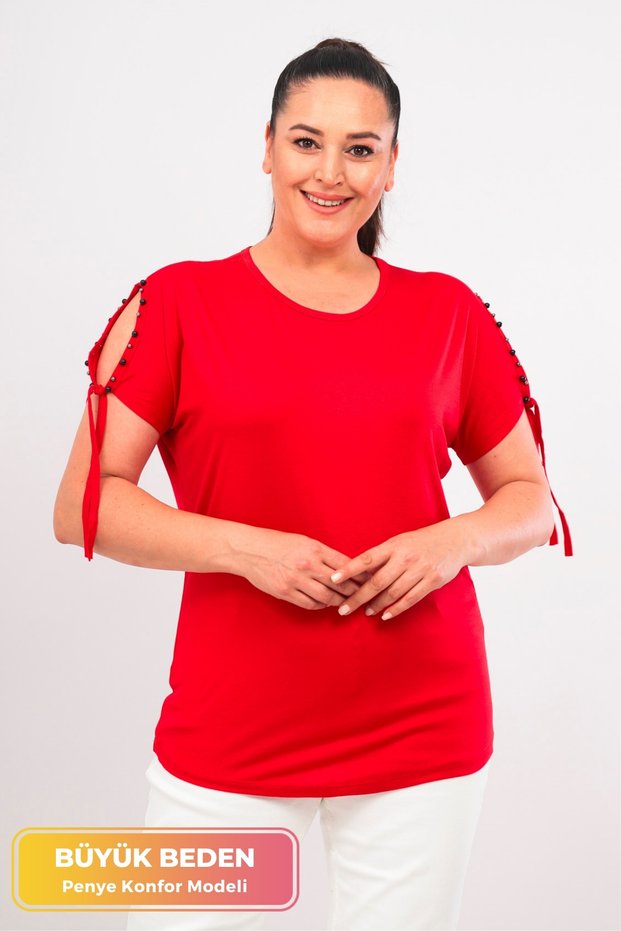 Plus Size New Season Comfort Model Sleeve Tied Pearl Detailed Short Sleeve Combed Cotton Tunic T-Shirt