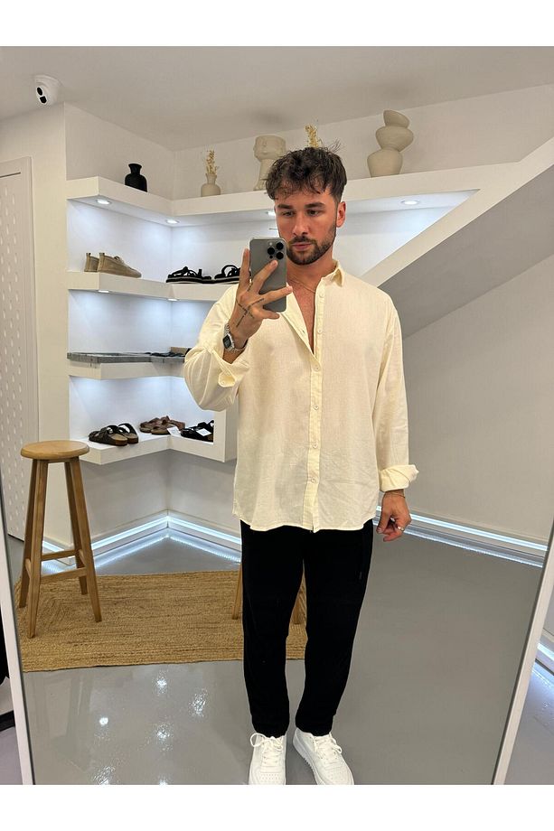 Bej Oversize Krinkıl Keten Gömlek - 3