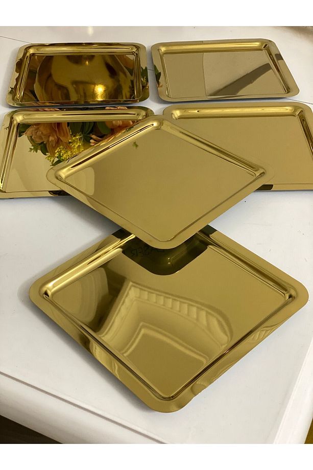 ÇELİK GOLD KAPLAMA 6 ADET KARE PARLAK MODEL SERVİS VE SUNUM TEPSİSİ - 6