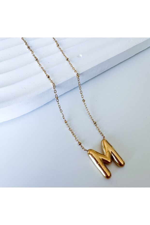 Çelik bombeli M harfi kolye - 1