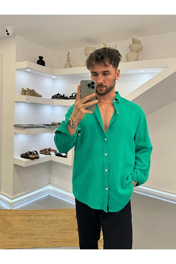 Yeşil Oversize Krinkıl Keten Gömlek - 2