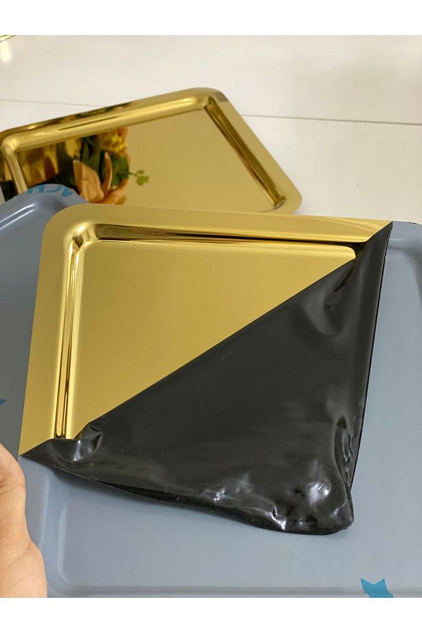 ÇELİK GOLD KAPLAMA 6 ADET KARE PARLAK MODEL SERVİS VE SUNUM TEPSİSİ - 3