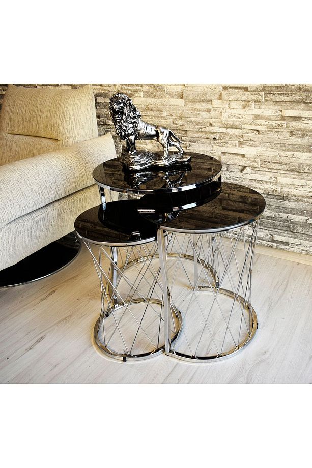 3 lü Hasır Model Siyah (Temperli Cam) Gümüş Ayak Zigon Sehpa - 2