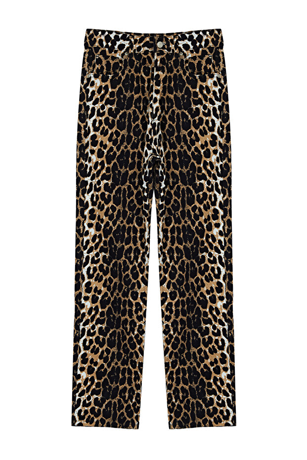 Kahverengi Leopar Desenli Straight/Düz Kesim Dokuma Pantolon TWOSS24PL00170 - 5