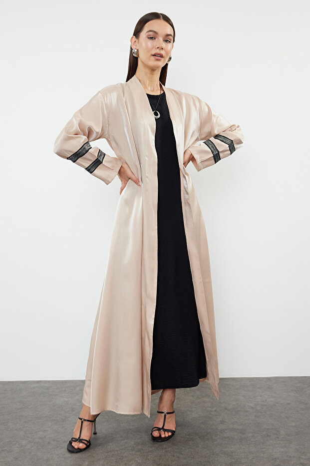 Bej Nakışlı Parlak Uzun Dokuma Kap & Ferace & Abaya TCTSS24KF00004 - 1