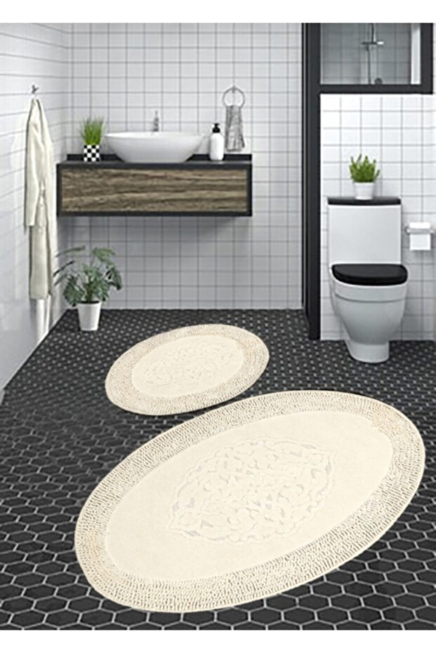 Cotton Special 100% Cotton 2-Piece Oval Ottoman Pattern Cotton Toilet Set Cream