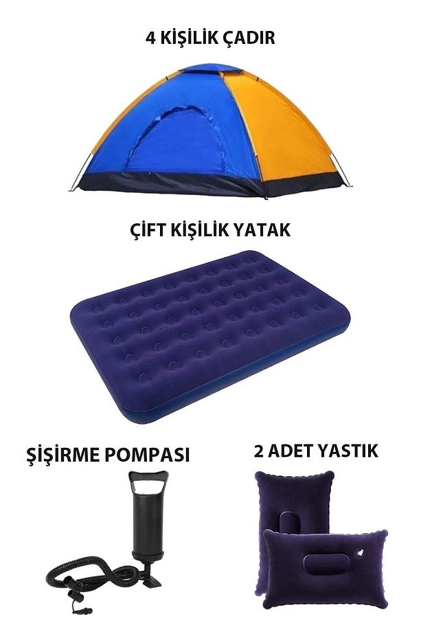 4 Kişilik Kamp Çadırı Çift Kişilik Şişme Yatak 2 Şişme Yastık Kamp Seti - 1