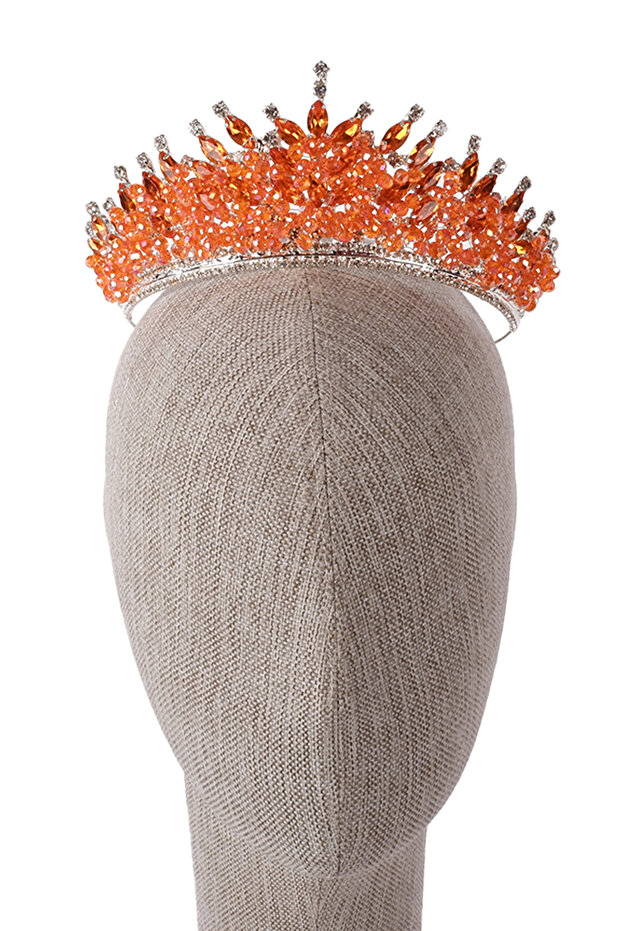 Crystal Stone Bridal Henna Wedding Crown with Stone Bead Decoration Orange