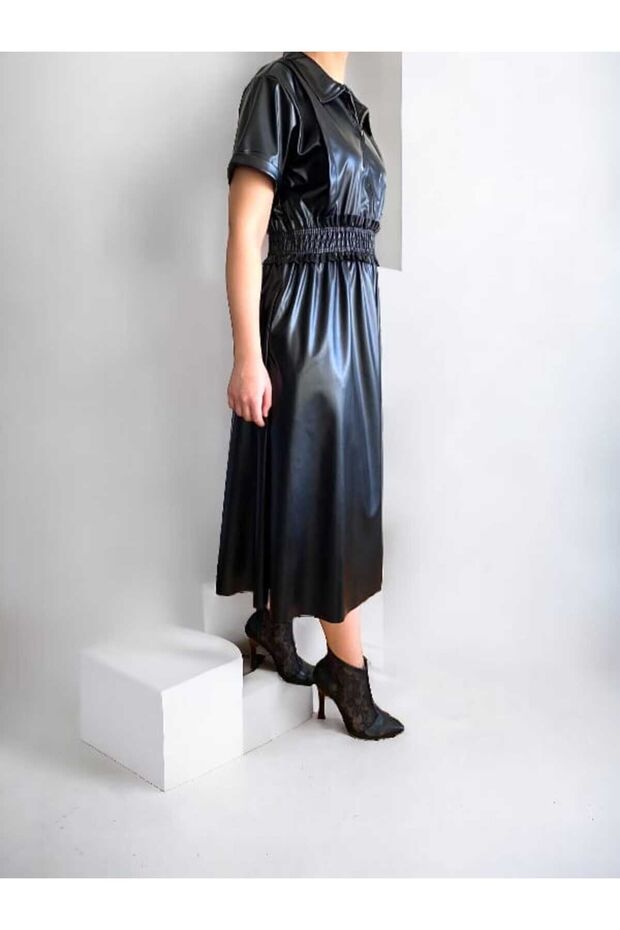 Yırtmaç Detaylı Deri Elbise - 7