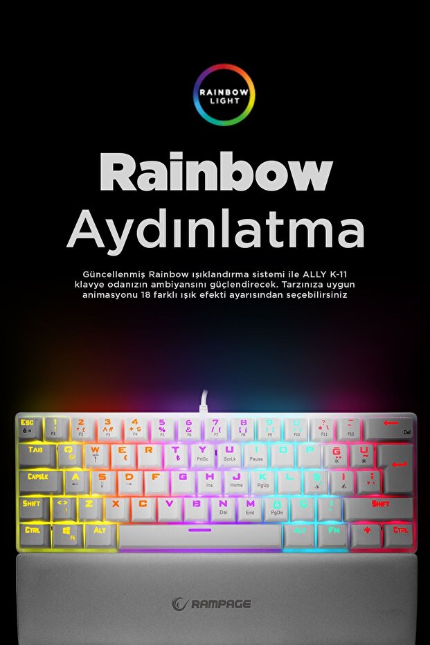 Ally K11 Beyaz 12 Işık Modlu Red Switch Mekanik Antighosting Bilek Destekli Gaming Oyuncu Klavyesi - 7