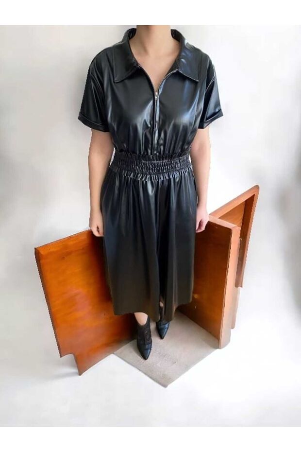 Yırtmaç Detaylı Deri Elbise - 2