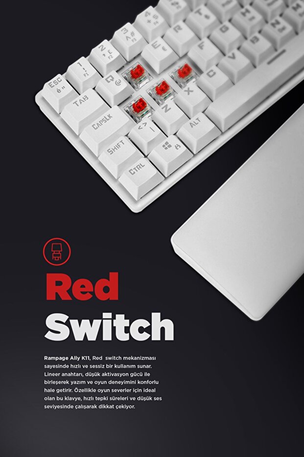 Ally K11 Beyaz 12 Işık Modlu Red Switch Mekanik Antighosting Bilek Destekli Gaming Oyuncu Klavyesi - 5