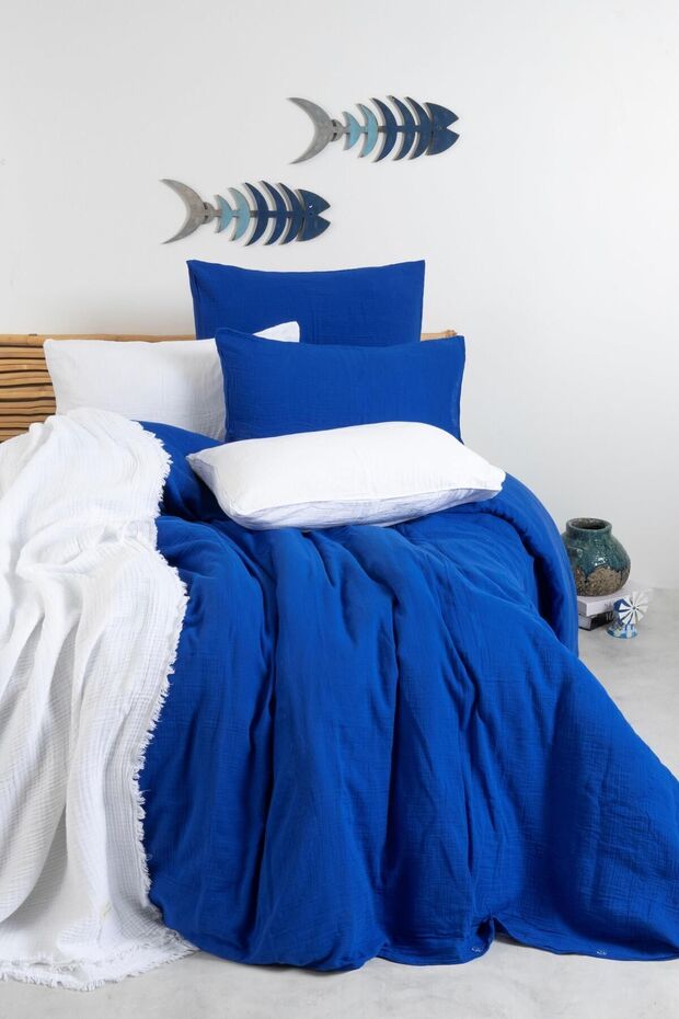 Muslin Cobalt Blue Double Duvet Cover Set | Duvet Cover, Pillowcase, with Elastic Sheets |