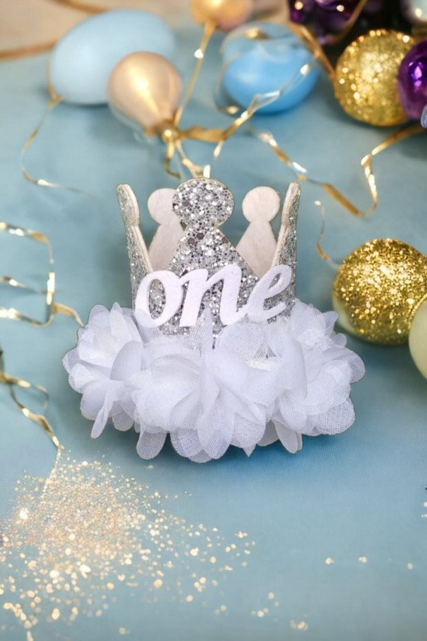 1 Year Old Birthday Crown Baby Girl Child Silver / white Non-shedding Glitter