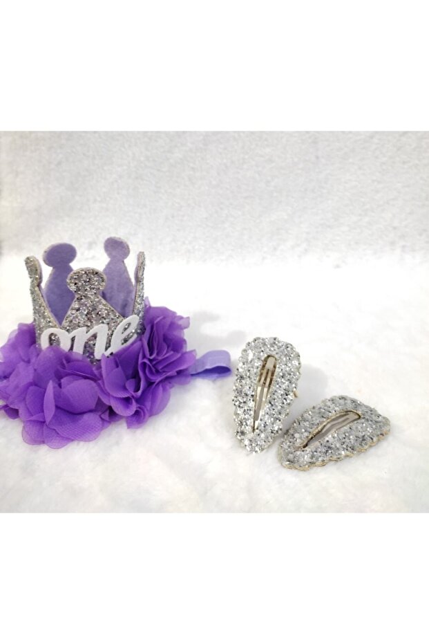 1 Year Birthday Crown Buckle Set Silver Lilac