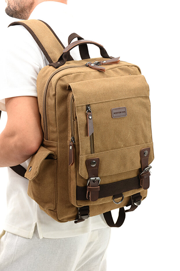 Eba-6235 Canvas Backpack with Laptop Compartment Camping Travel School Bag Beige
