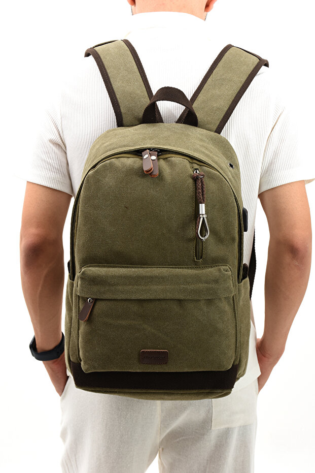 Eba-6234 Canvas (Cotton) Backpack with Laptop Compartment Camping Travel School Bag Khaki