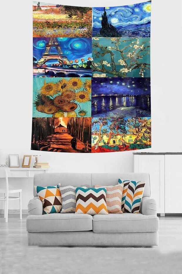 Van Gogh Paintings Combination Poster Look Stain Resistant Fabric Wall Cloth Wall Carpet Tapestry