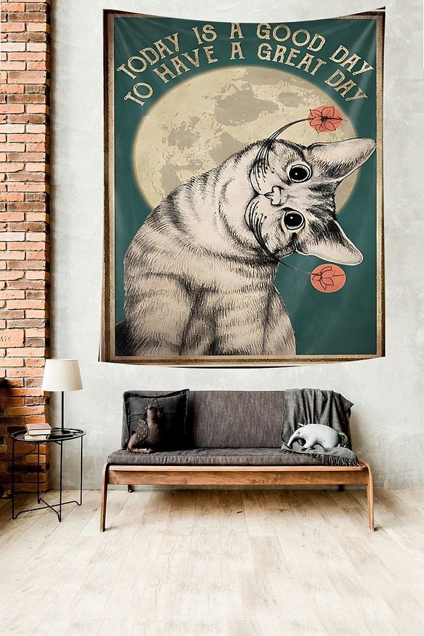 Güzel Bir Gün Kedi Temalı Leke Tutmaz Kumaş Duvar Örtüsü Duvar Halısı Tapestry - 3