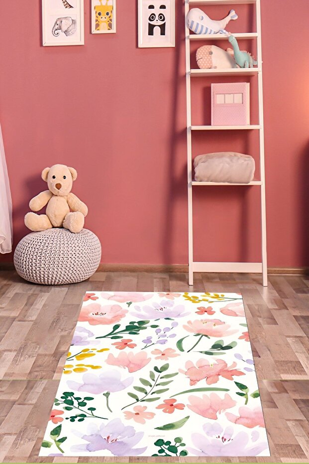 Suluboya Çiçekler Desenli Yıkanabilir Kaymaz Taban Leke Tutmaz Çocuk Odası Halısık - 1