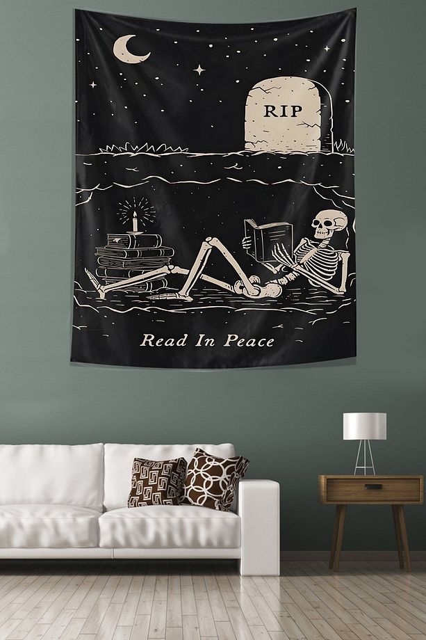 Read İn Peace Yazılı İskelet Desen Leke Tutmaz Kumaş Duvar Örtüsü Duvar Halısı Tapestry - 1