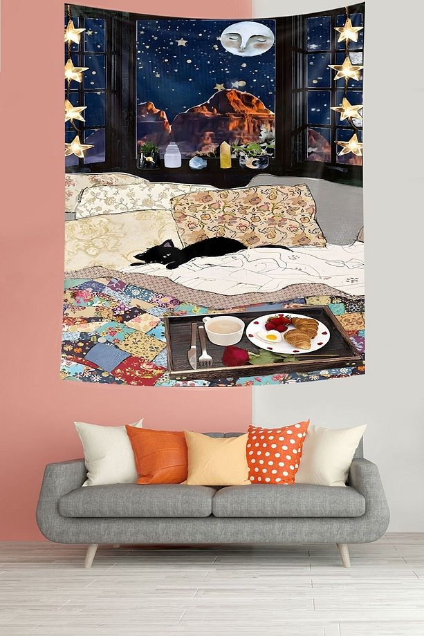 Evdeki Huzur Ve Yıldızlı Gece Leke Tutmaz Kumaş Duvar Örtüsü Duvar Halısı Tapestry - 3