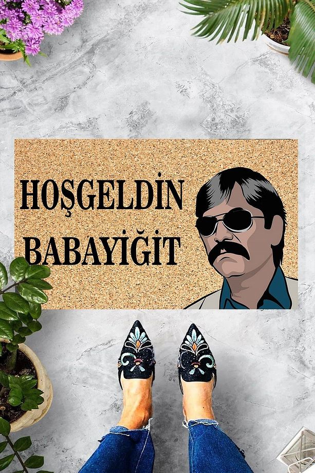 Dijital Baskılı Hoş geldin Babayiğit Yazılı Pala Desenli Dekoratif Kapı Önü Paspası - 1