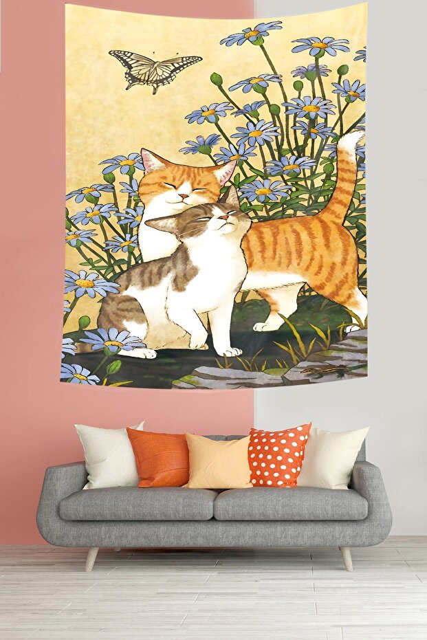 Sevimli İki Kedicik Leke Tutmaz Kumaş Duvar Örtüsü Duvar Halısı Tapestry - 1