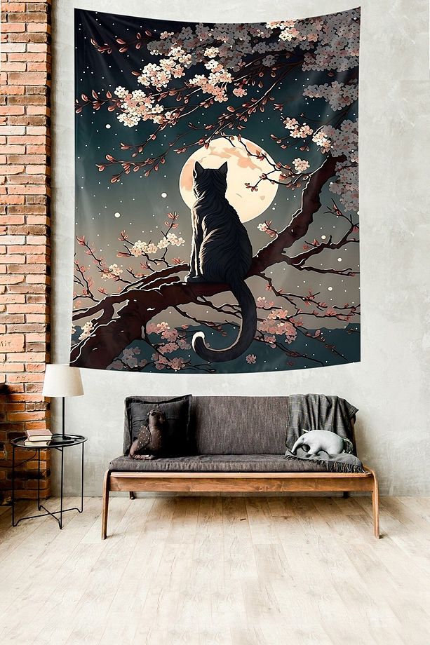 Ağaçtaki Kedi Leke Tutmaz Kumaş Duvar Örtüsü Duvar Halısı Tapestry - 3