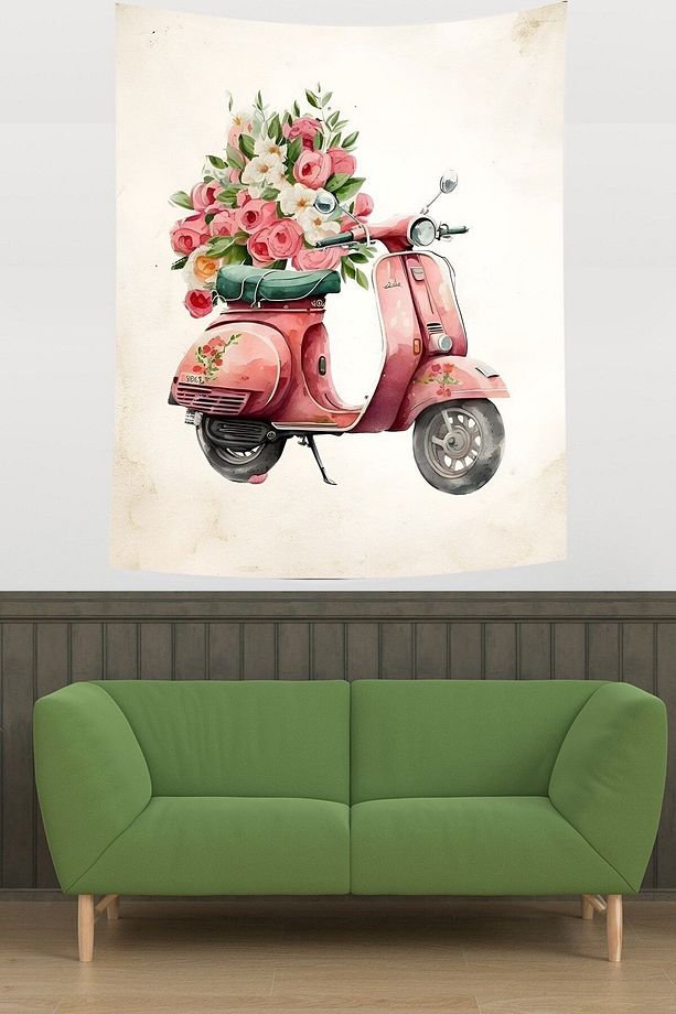 Pembe Vespa ve Güller Leke Tutmaz Kumaş Duvar Örtüsü Duvar Halısı Tapestry - 2