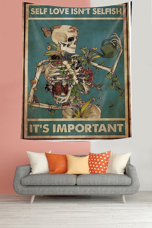 Üzerindeki Çiçekleri Sulayan İskelet Leke Tutmaz Kumaş Duvar Örtüsü Duvar Halısı Tapestry - 2