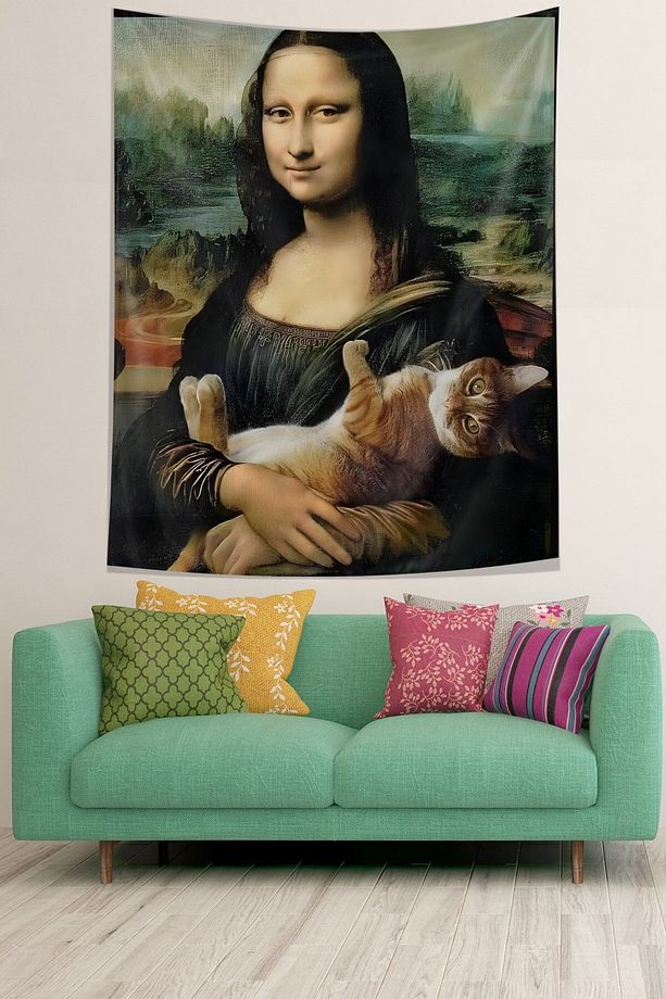 Komik Mona Lisa Ve Kedi Leke Tutmaz Kumaş Duvar Örtüsü Duvar Halısı Tapestry - 2
