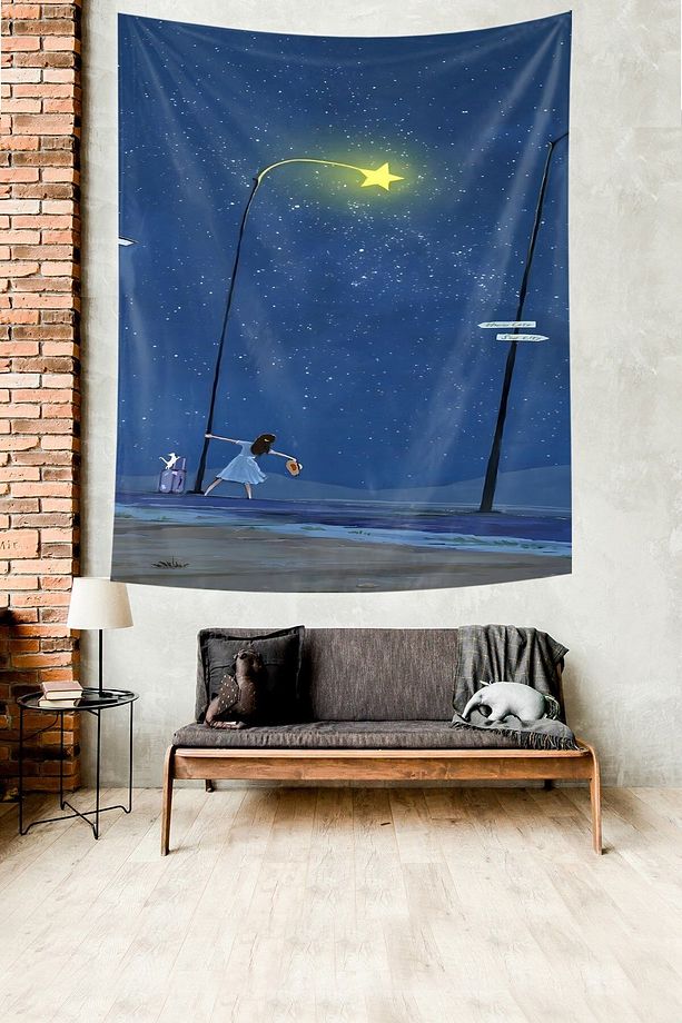 Gece Gökyüzü ve Yıldızlar Altındaki Kız Leke Tutmaz Kumaş Duvar Örtüsü Duvar Halısı Tapestry - 1