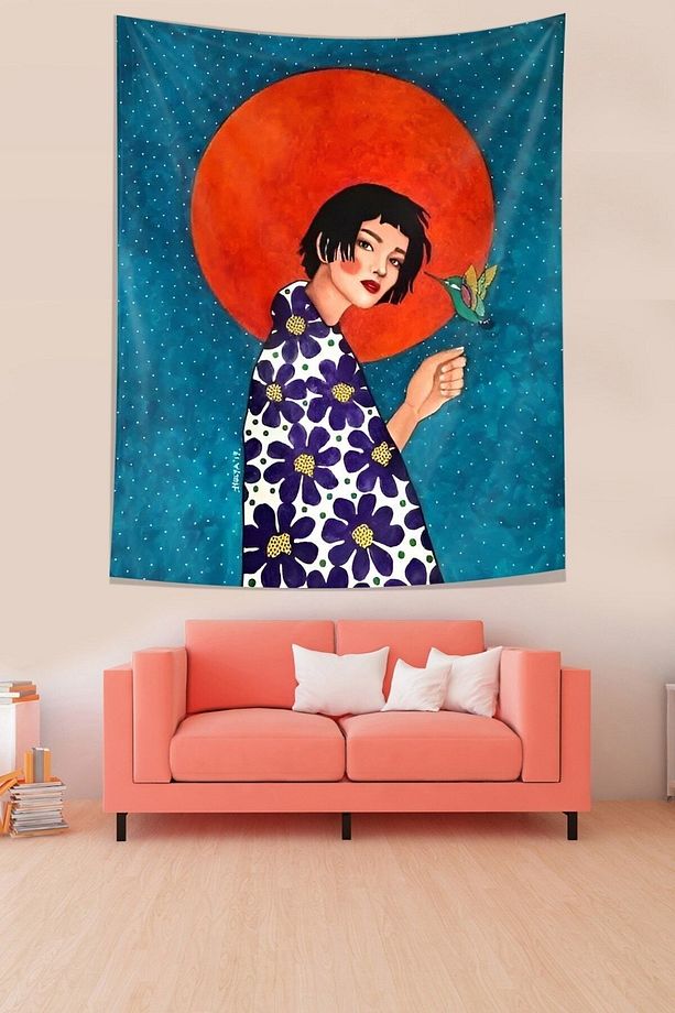 Elinde Kuş Tutan Kız Leke Tutmaz Kumaş Duvar Örtüsü Duvar Halısı Tapestry - 1
