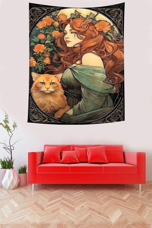 Vintage Kedi ve Kız Leke Tutmaz Mikropetek Kumaş Duvar Örtüsü Duvar Halısı Tapestry - 3