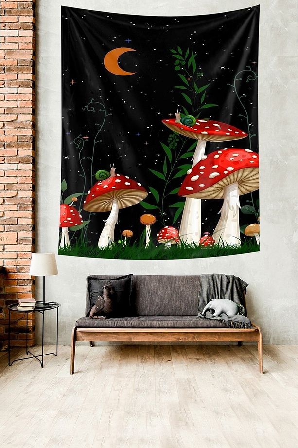 Ay Yıldızlar ve Kırmızı Mantarlar Leke Tutmaz Kumaş Duvar Örtüsü Duvar Halısı Tapestry - 2