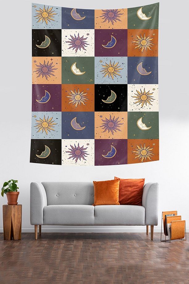 Güneş İle Ay Leke Tutmaz Kumaş Duvar Örtüsü Duvar Halısı Tapestry - 3