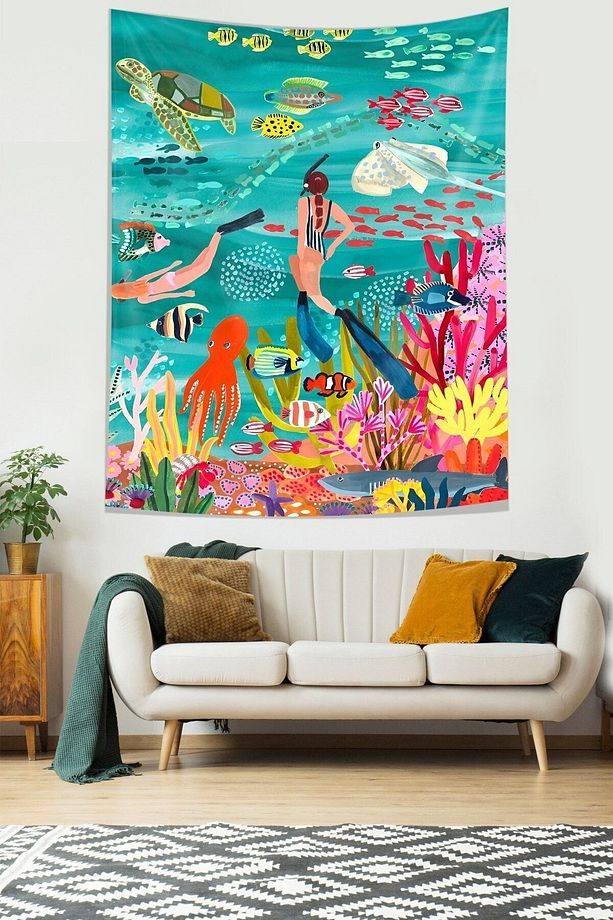 Su Altı Deniz Canlıları Denizaltı Dalgıç Kız Leke Tutmaz Kumaş Duvar Örtüsü Duvar Halısı Tapestry - 3